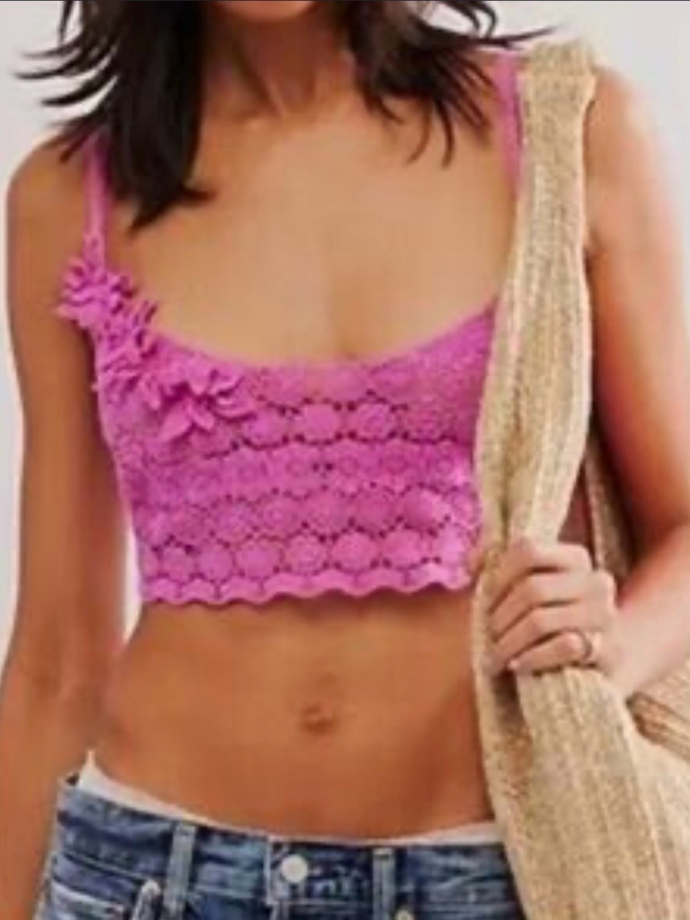 Free People Pink Fiji Flower Cotton Crochet Corset Longline Bralette NWT